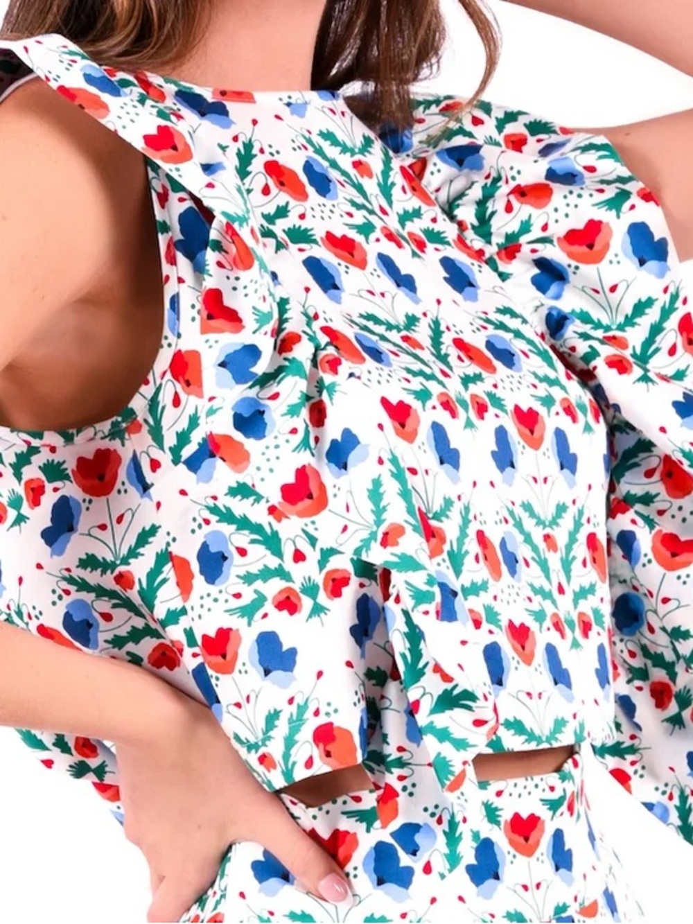 Cold-Shoulder Floral Crop Top in White with Red & Blue Print XS